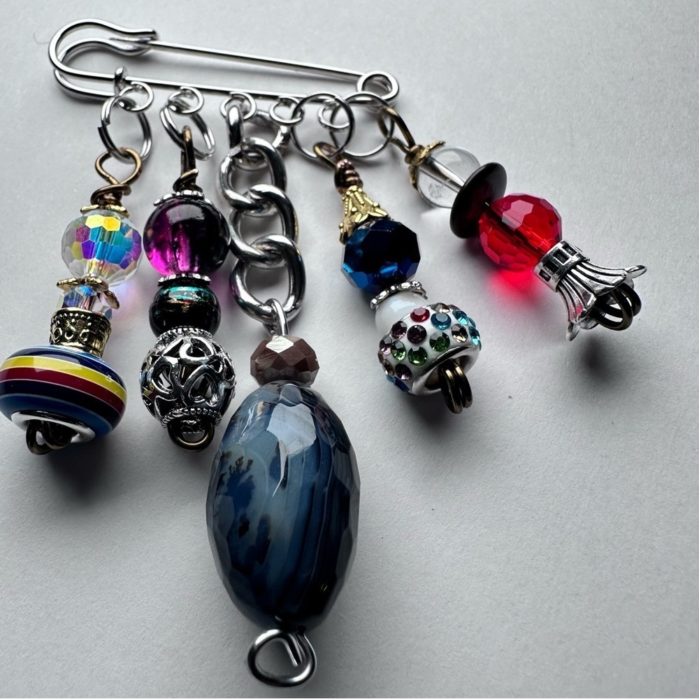 Glass Charms Brooch Saftey Pin Artisan Multicolor Beaded Handmade OOAK bar pin